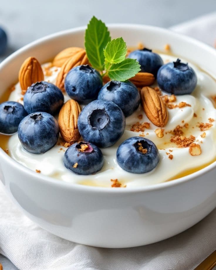 Woman enjoying a fresh dairy breakfast bowl in a sunlit kitchen