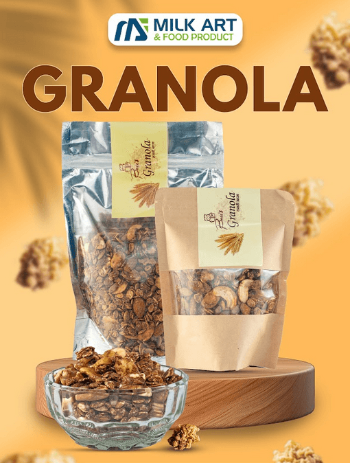 Crunchy Milkart granola served with fresh milk